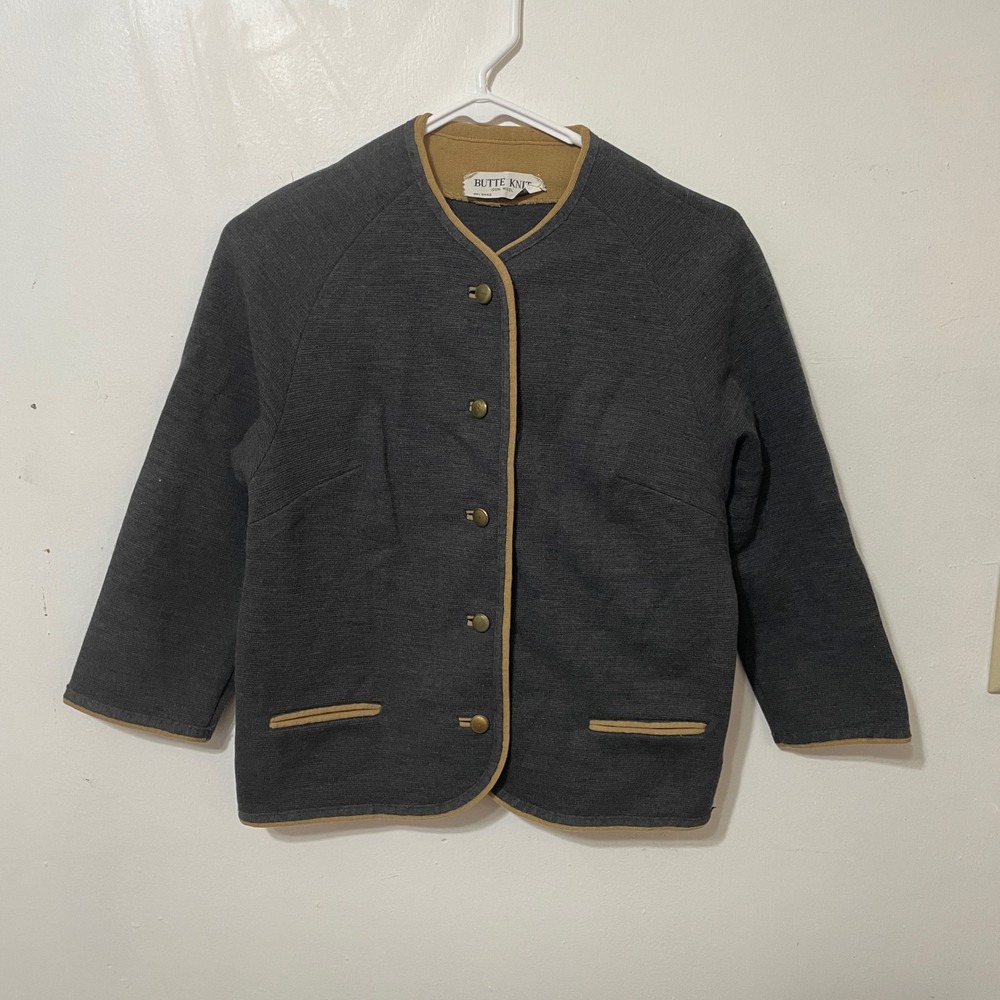 Vintage BUTTE KNIT‎ 100% WOOL Jacket Blazer Tan Trim Gold Buttons Women's